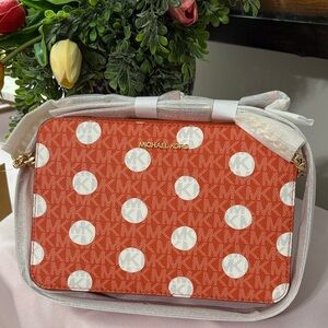 Michael Kors Orange/Red and White Dot Crossbody Bag NWT Jet Set
